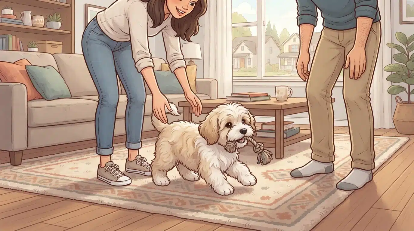 Havanese puppy playing on a living room rug