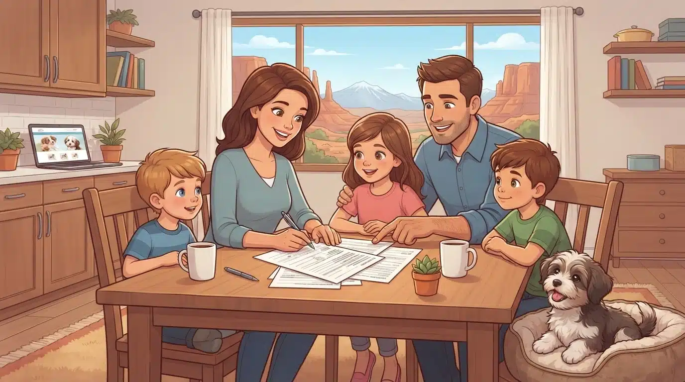 Family completing a puppy application at a kitchen table