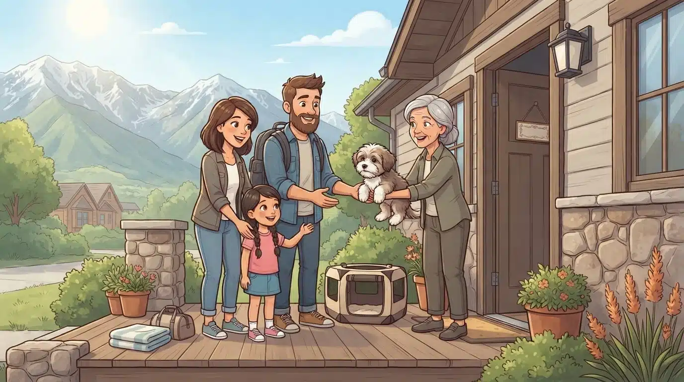 Family greeting a Havanese puppy at a breeder's door
