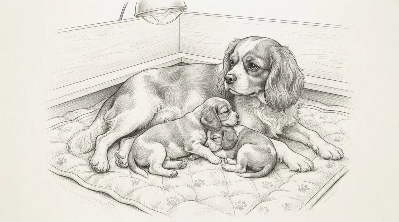 Mother dog with puppies on whelping blanket