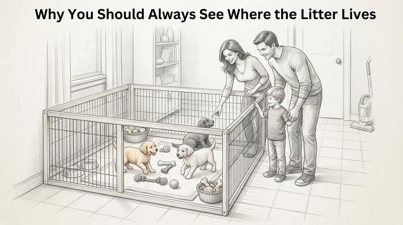 Family touring a bright puppy playpen