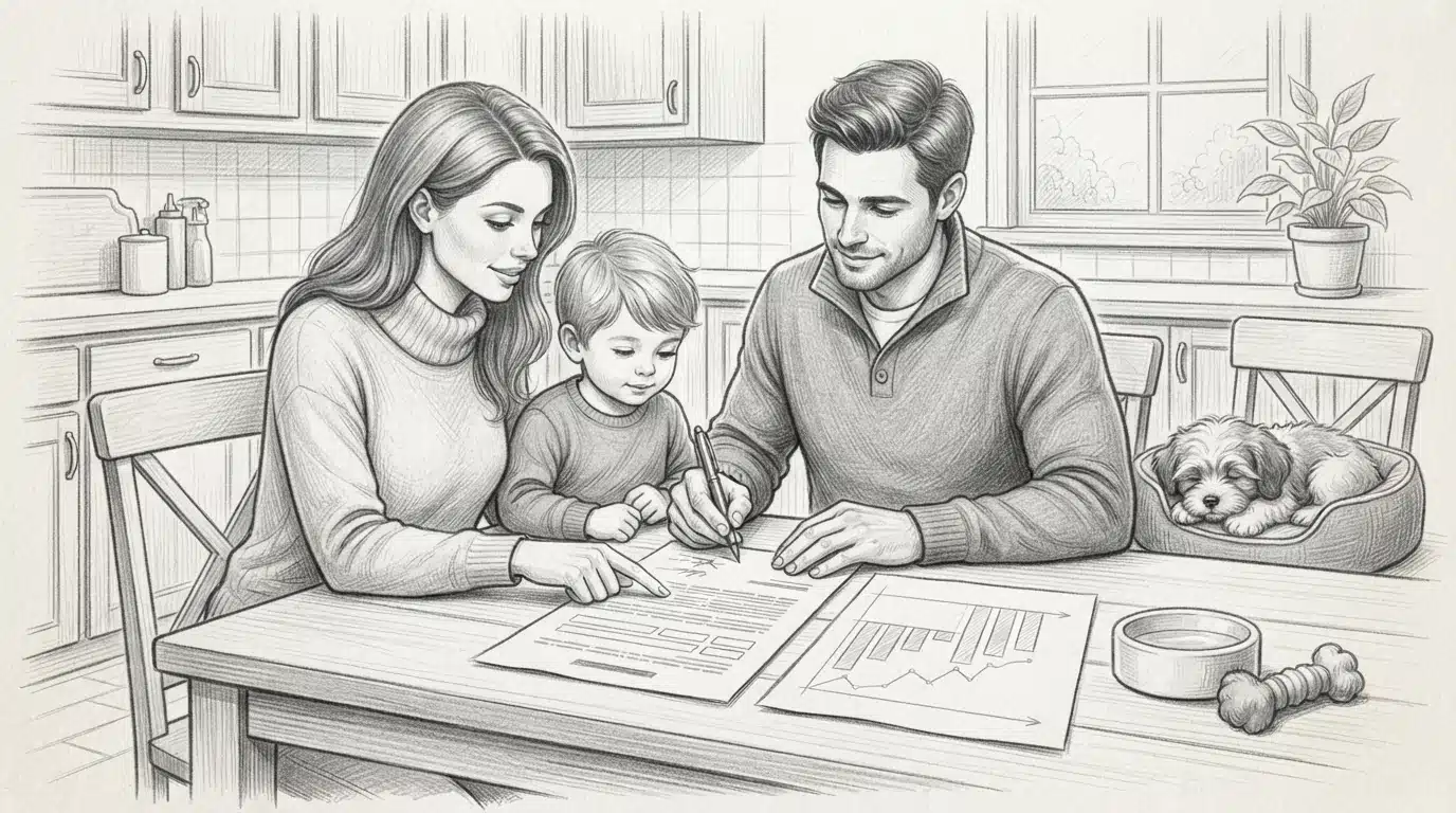 Family reviewing a puppy contract at a kitchen table