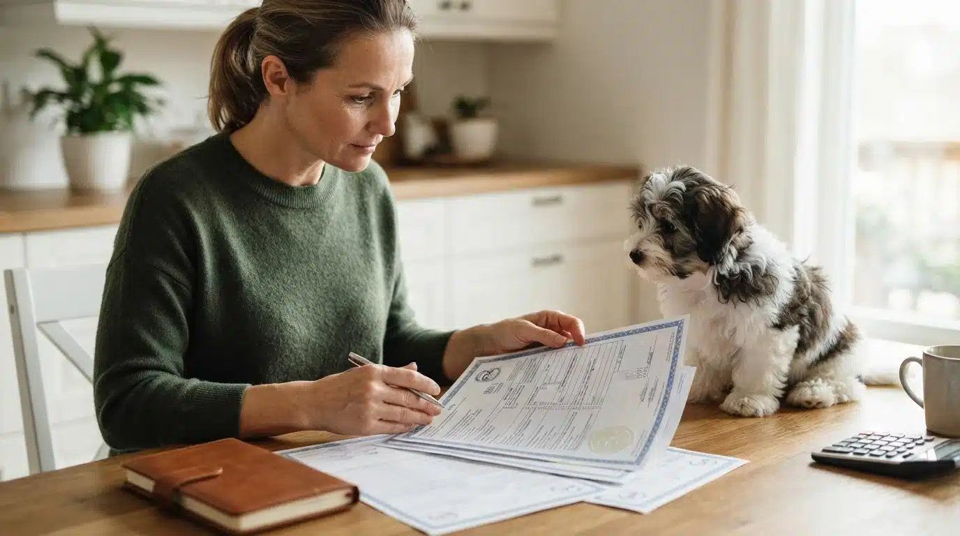 Breeder reviewing puppy health certificates at table