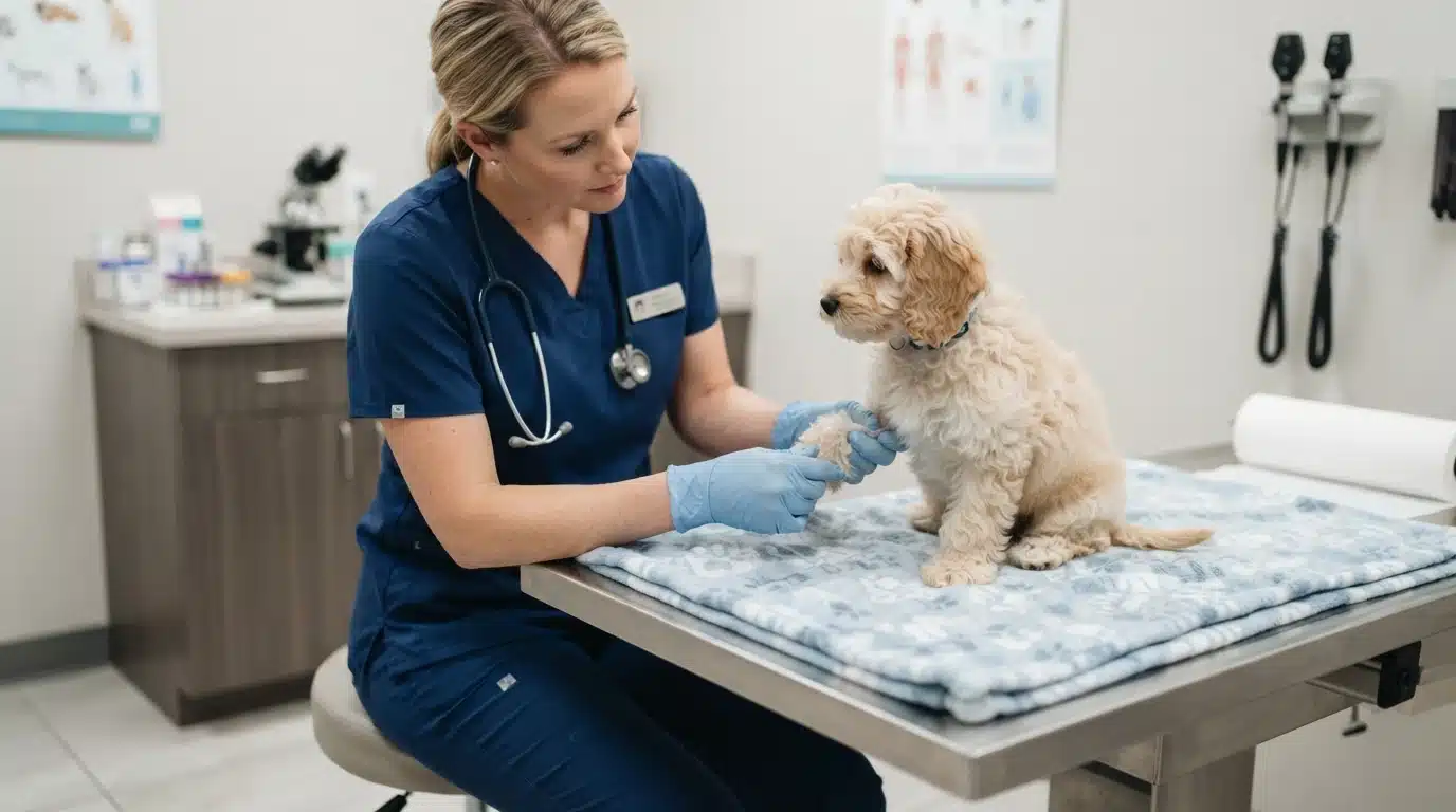 Veterinarian flexing a small puppy's knee