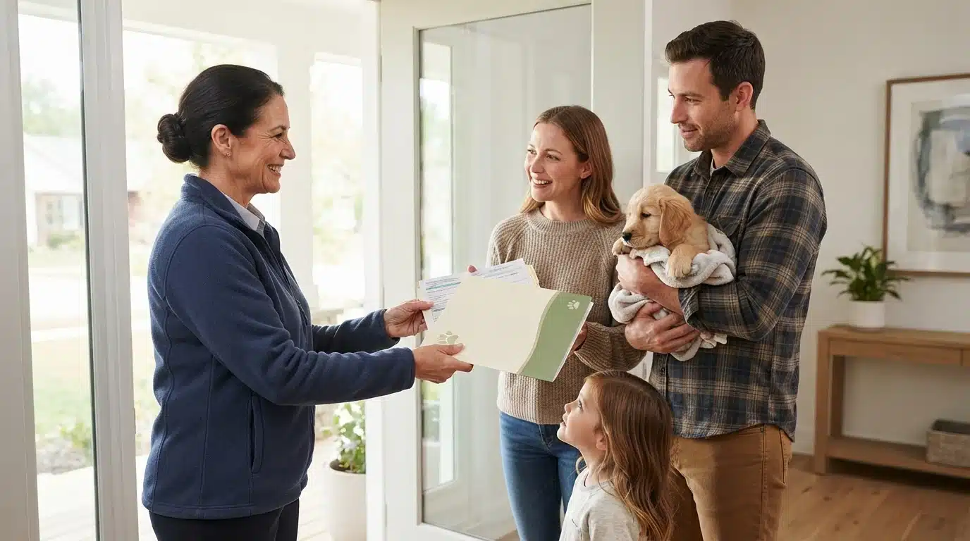 Breeder hands puppy health folder to family at door