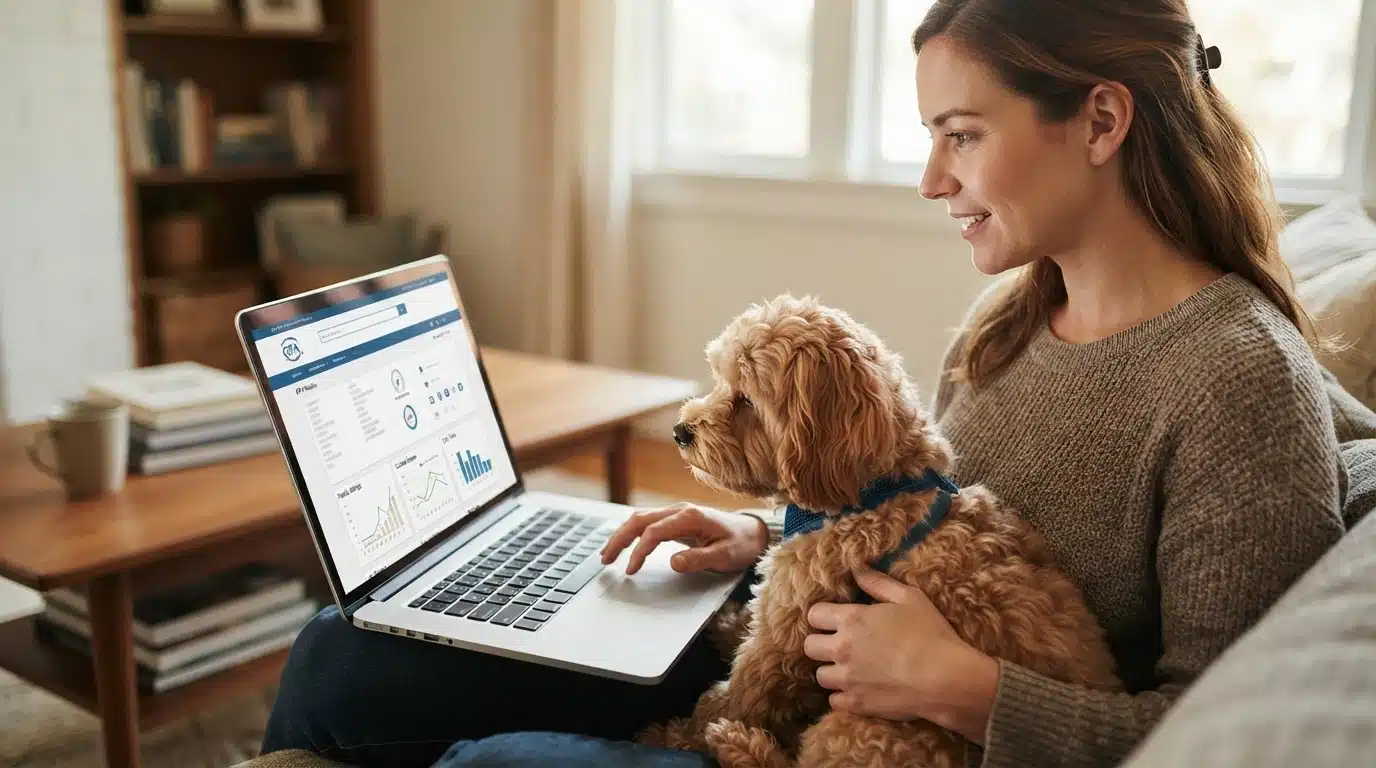 Woman researching on laptop with small dog