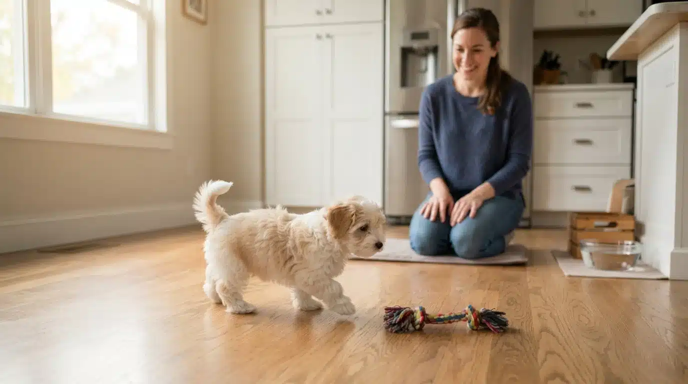 Havanese puppy explores a sunlit family kitchen floor