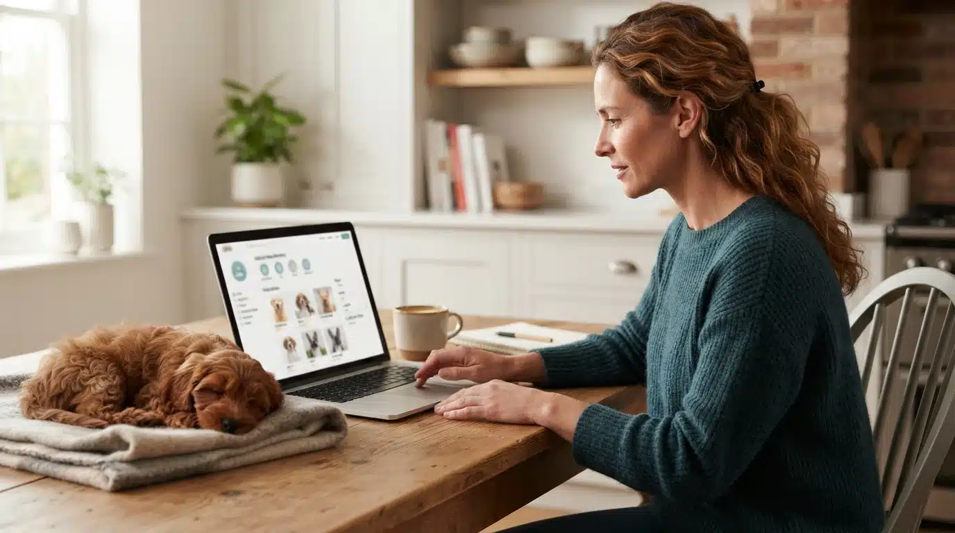Woman browsing puppy breeder directory on laptop
