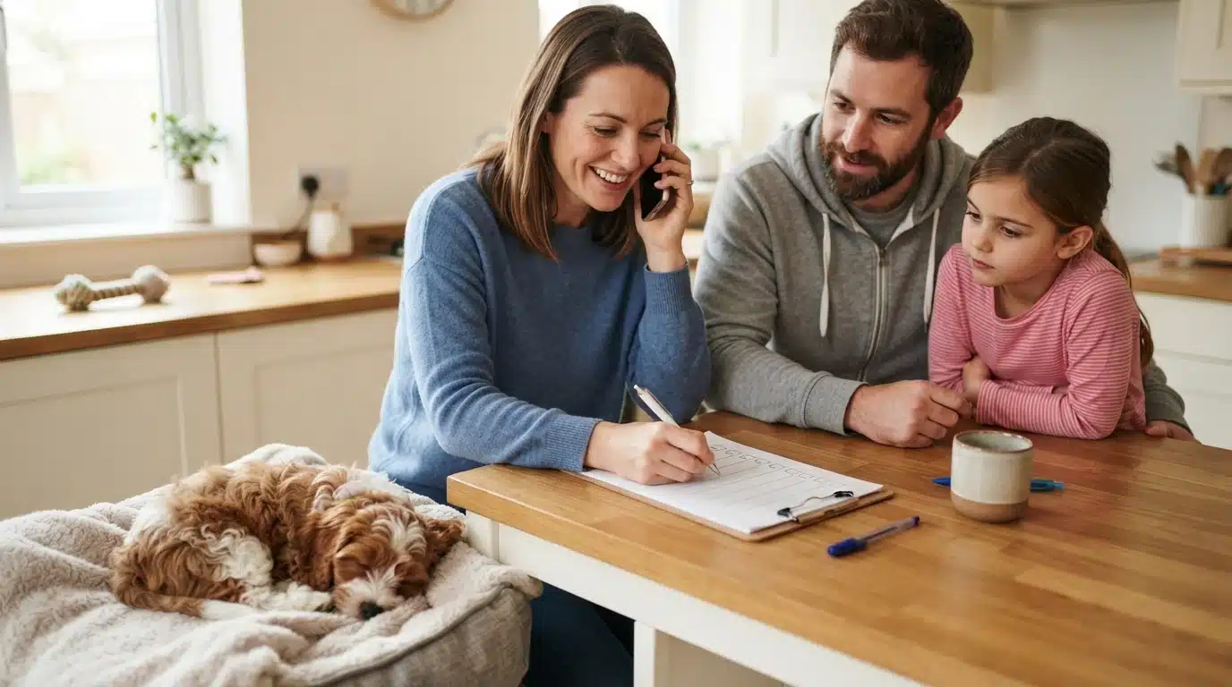 Family taking notes during breeder phone call with sleeping puppy