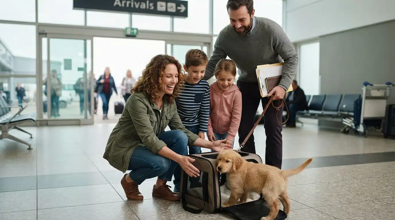 Family receiving a small puppy in a carrier