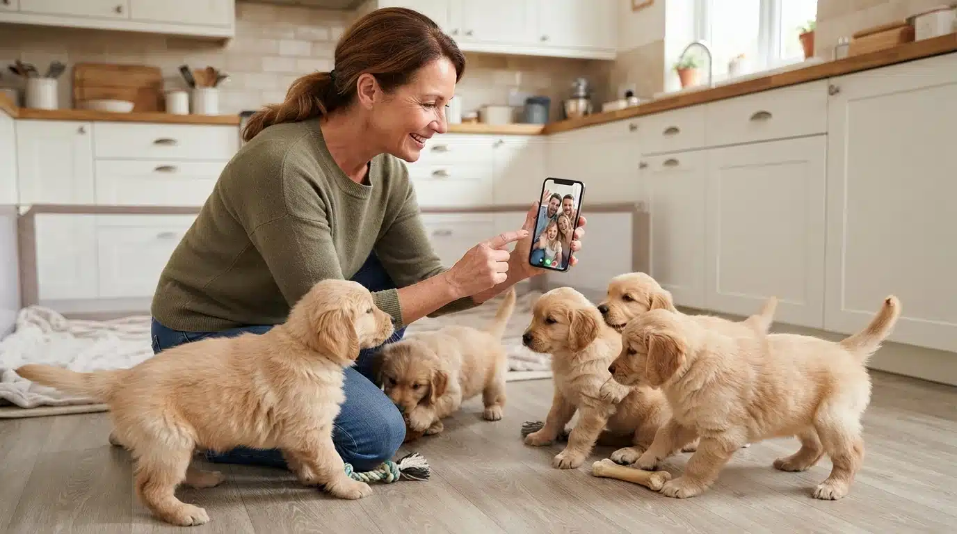 Breeder video calls family showing puppies