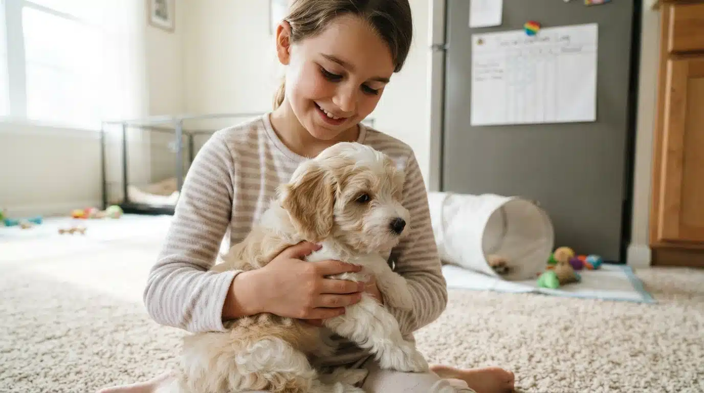 Child gently holding a Havanese puppy on carpet