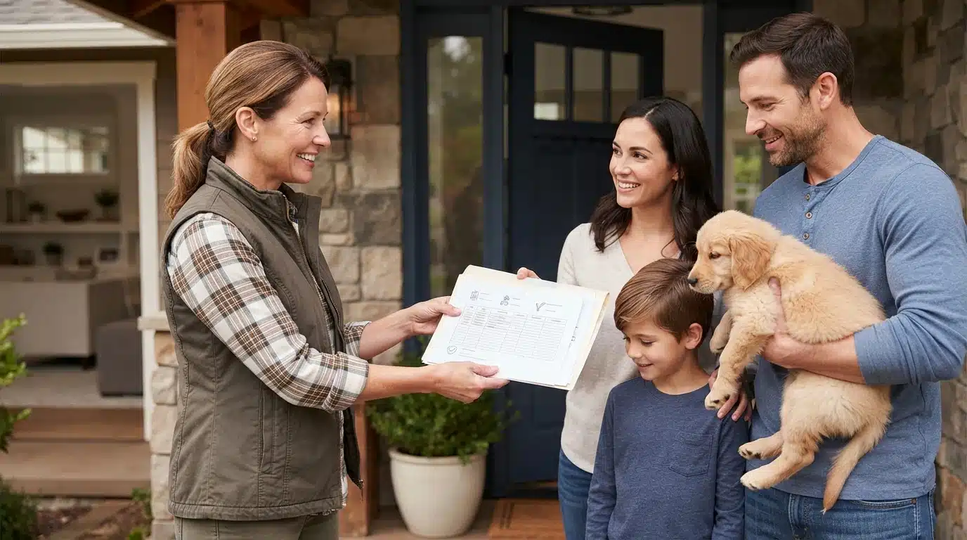 Breeder handing puppy records to a family