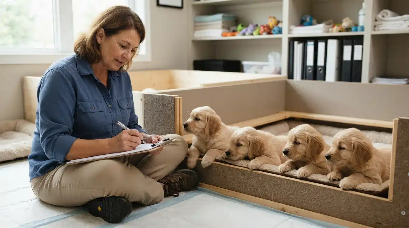 Breeder evaluates puppies while taking notes