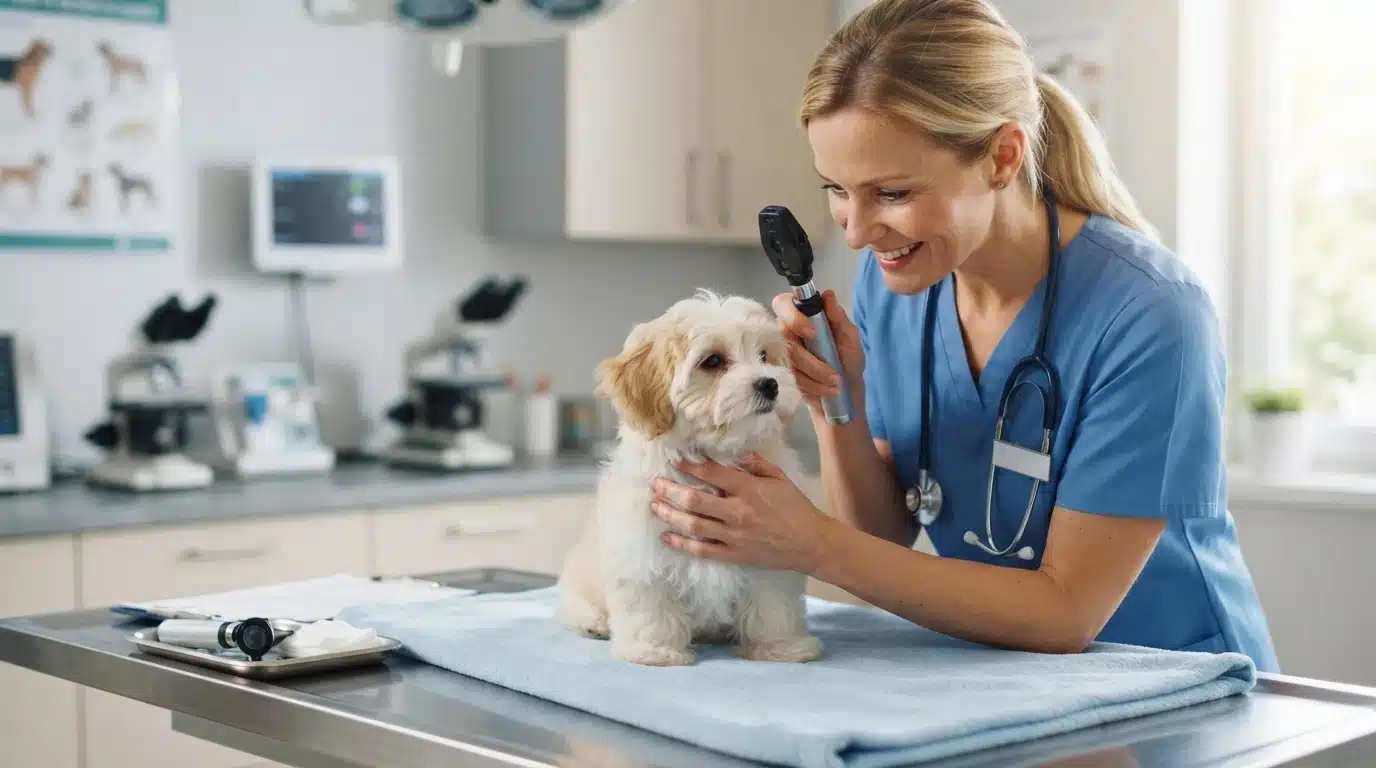 Hawsan puppy getting an eye exam at clinic