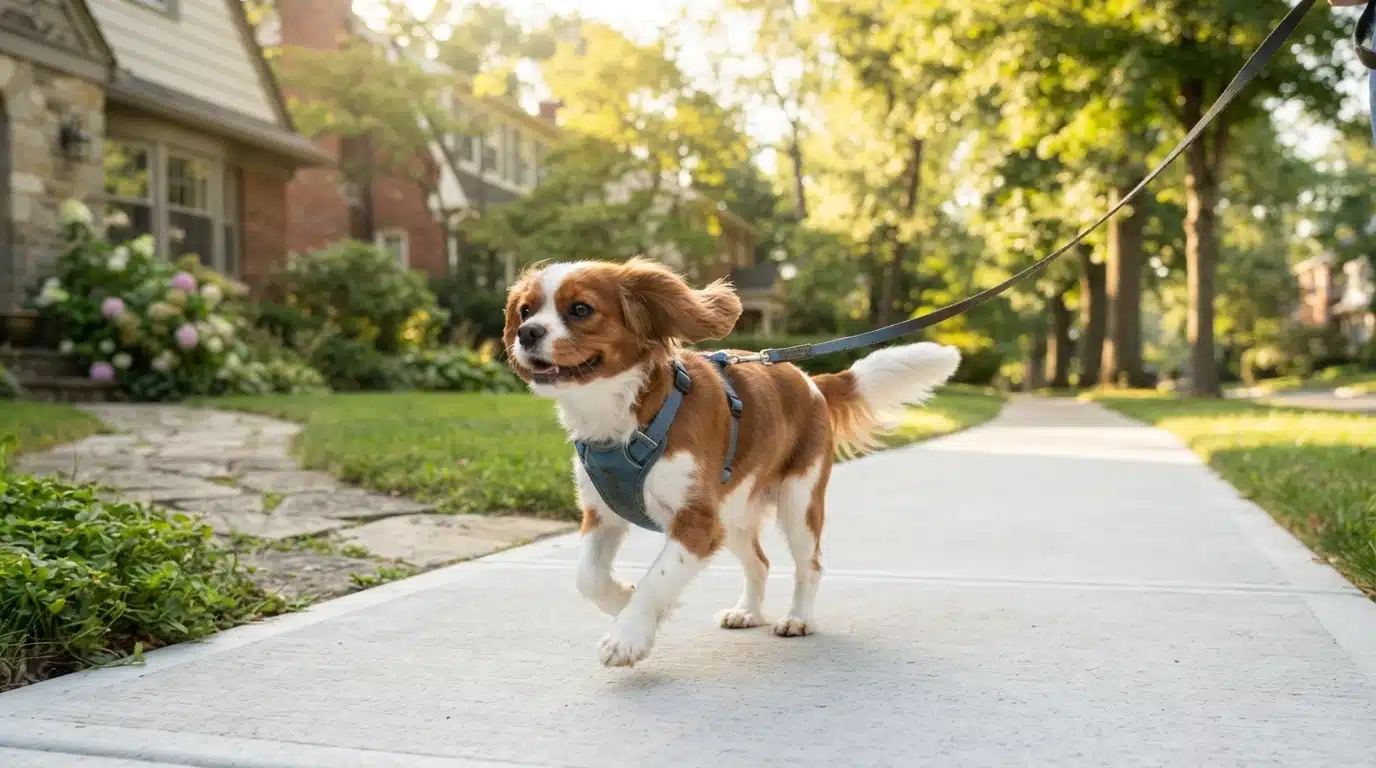 Adult small dog trotting along sunny sidewalk