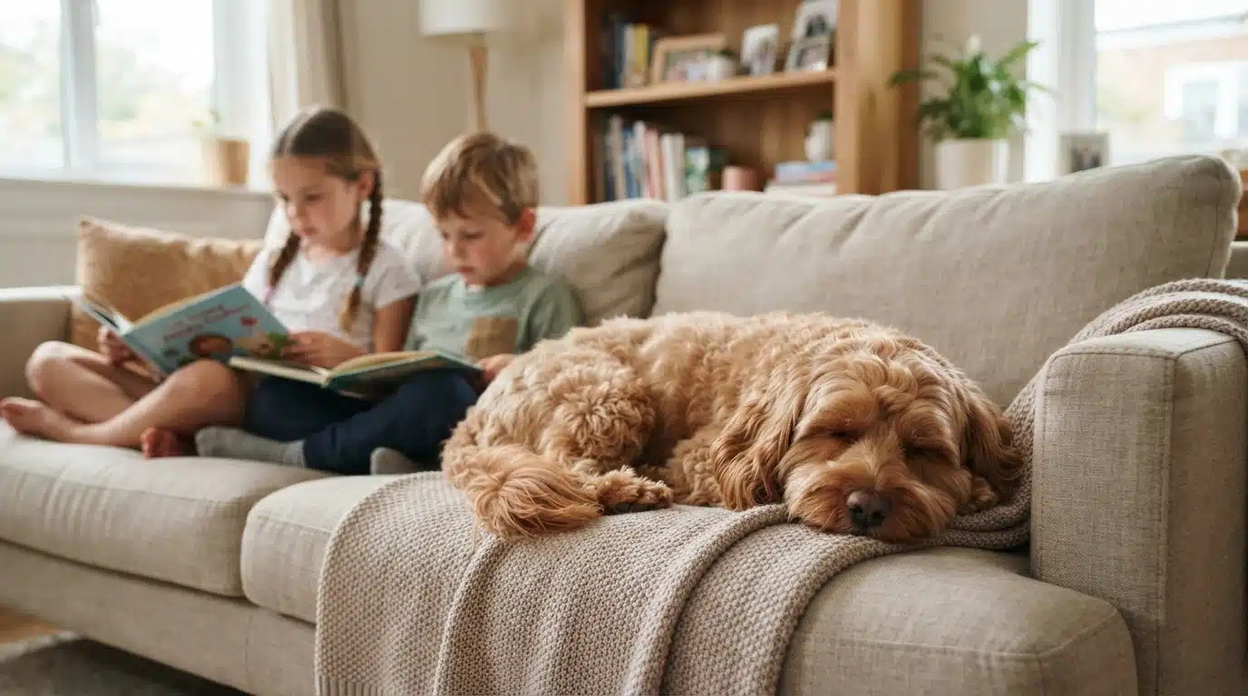 Calfapoo resting calmly beside family on sofa