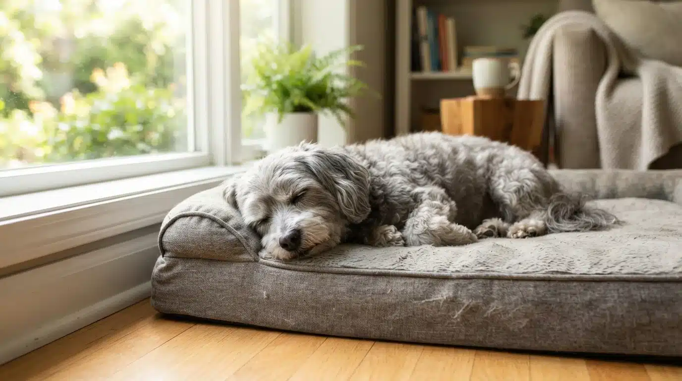 Elderly Havanese resting on an orthopedic bed