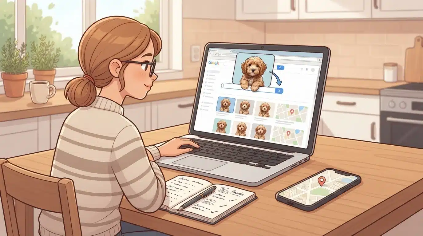 Person uploading puppy photo on laptop