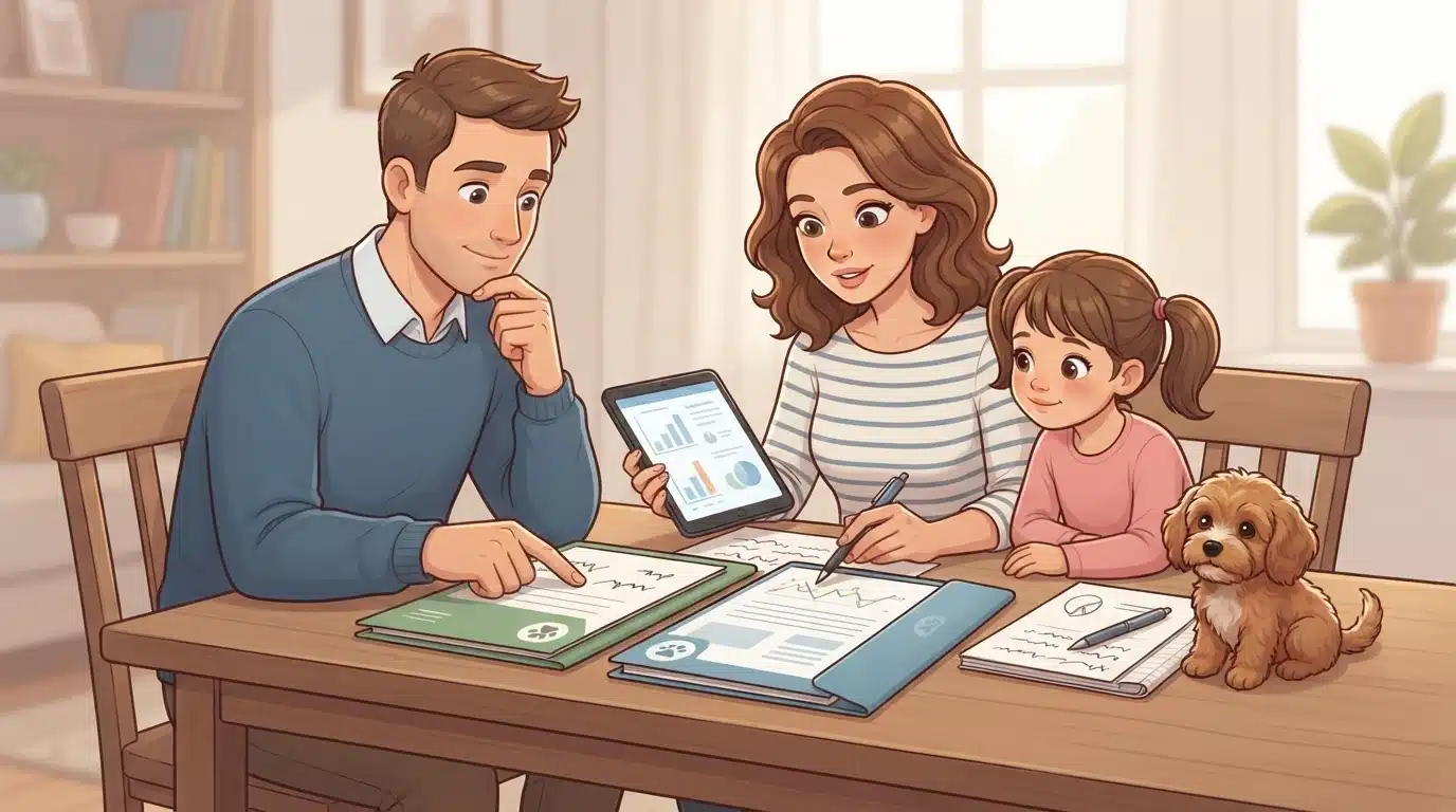 Family reviewing breeder folders at a table