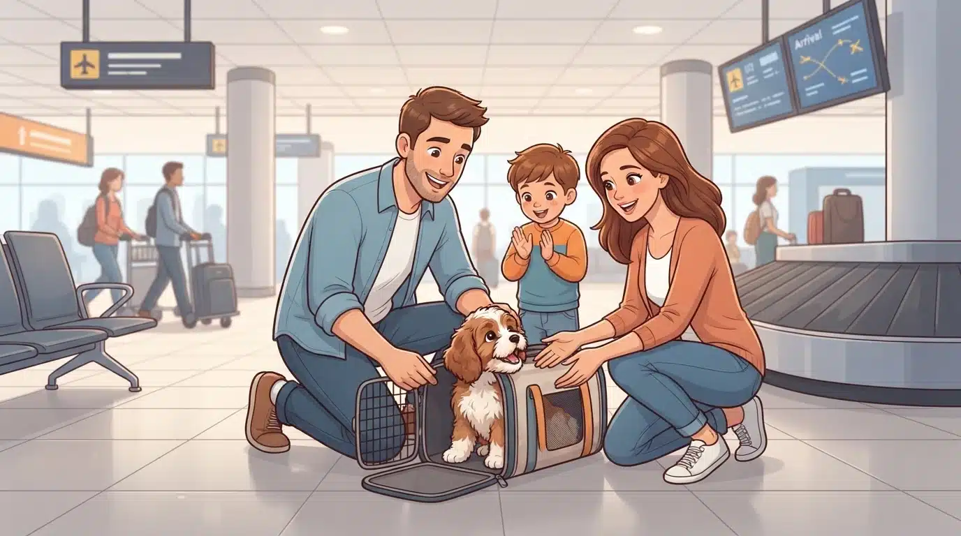 Family greeting puppy in carrier at airport