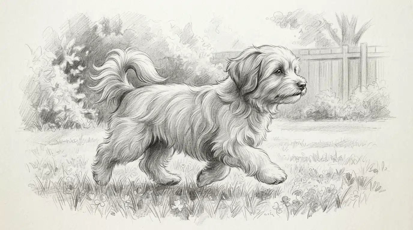 Havanese trotting with arched topline and plumed tail