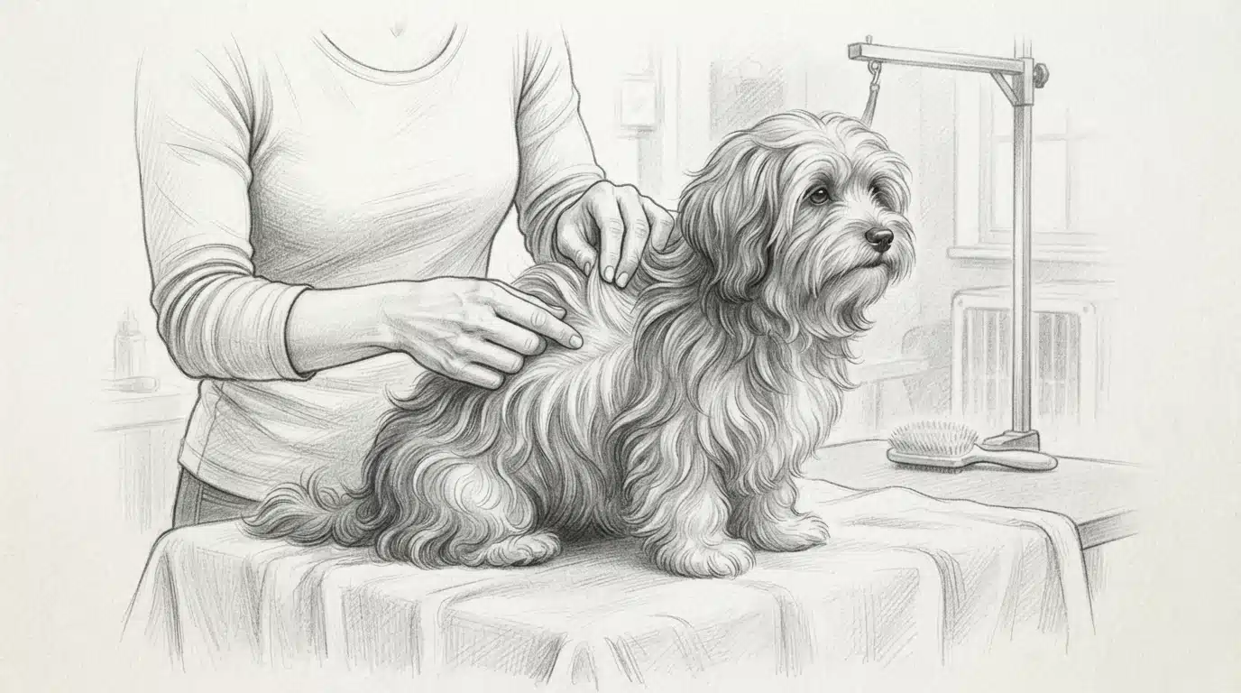 Breeder parting Havanese puppy coat to show undercoat