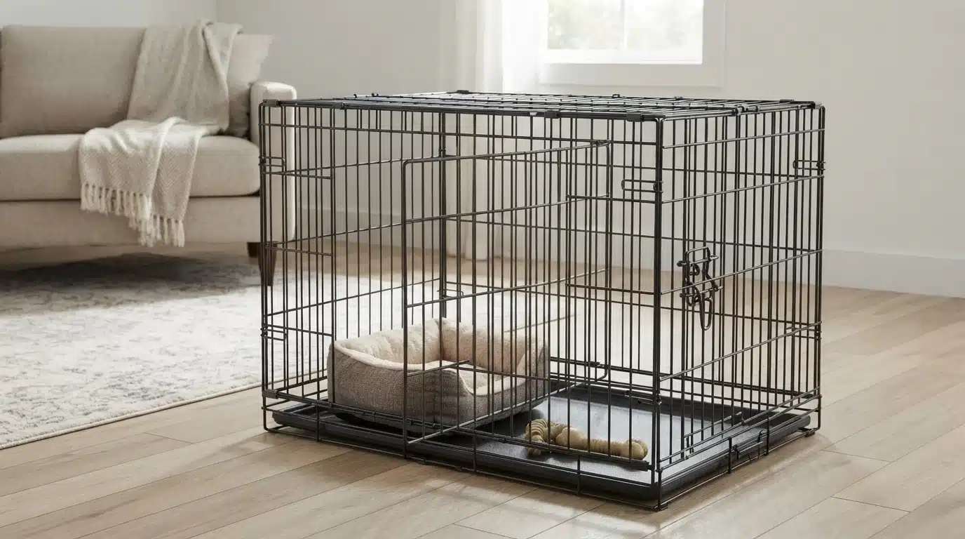 Wire crate divider installed in a bright family room