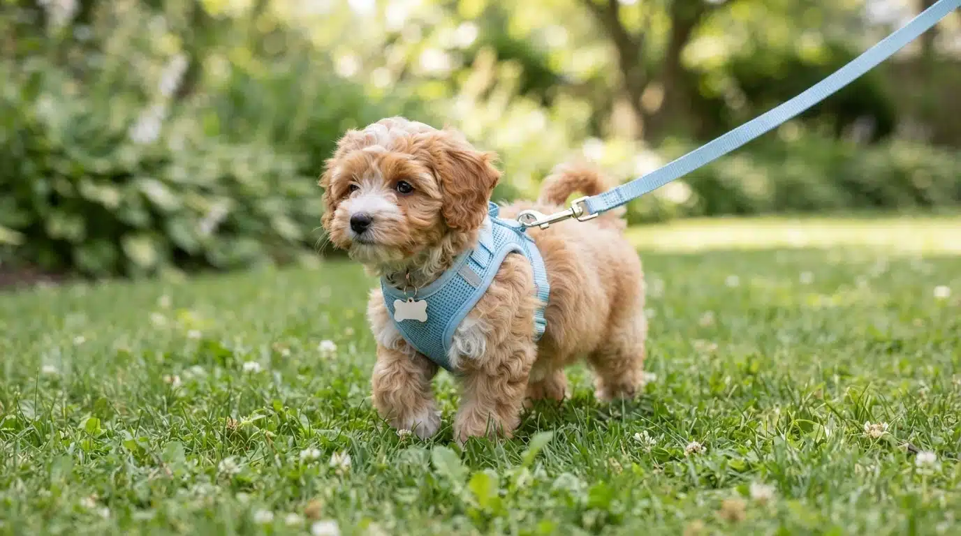 Havapoo puppy wearing a soft harness on grass