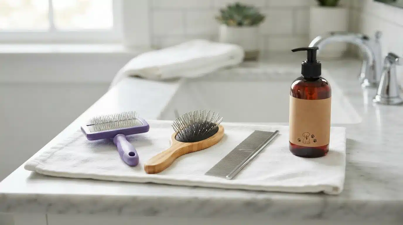 Slicker brush, pin brush, metal comb, and shampoo on a counter
