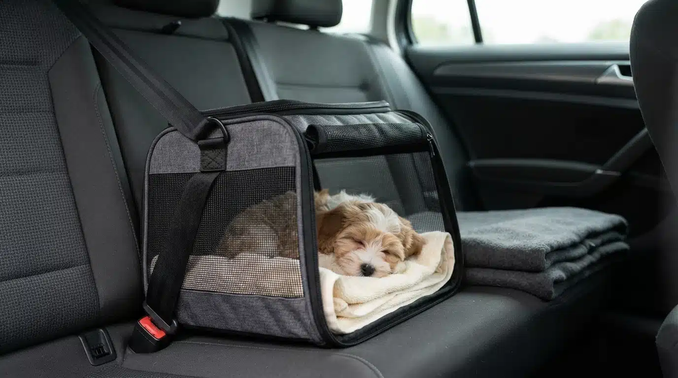 Soft carrier and folded towel on car seat