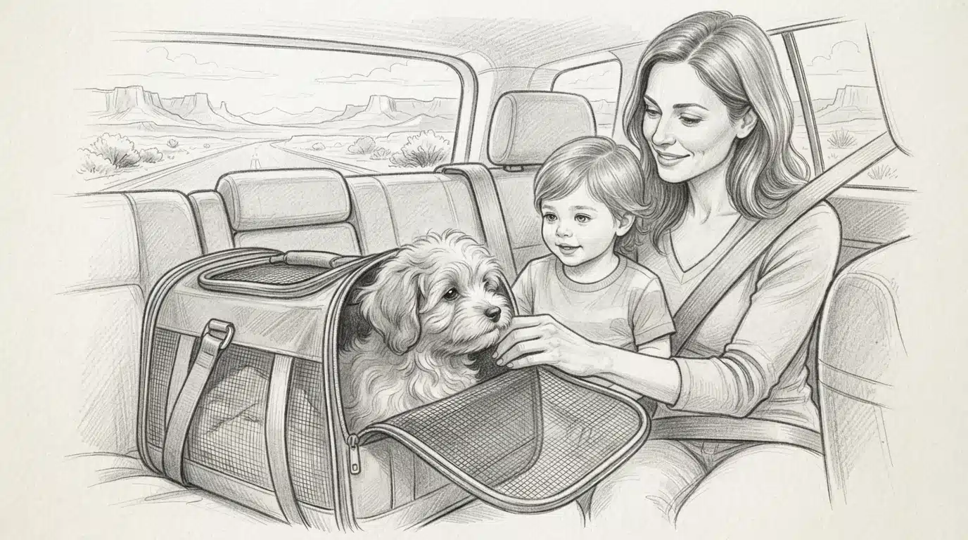 Small Havanese puppy in a carrier beside a family inside a car