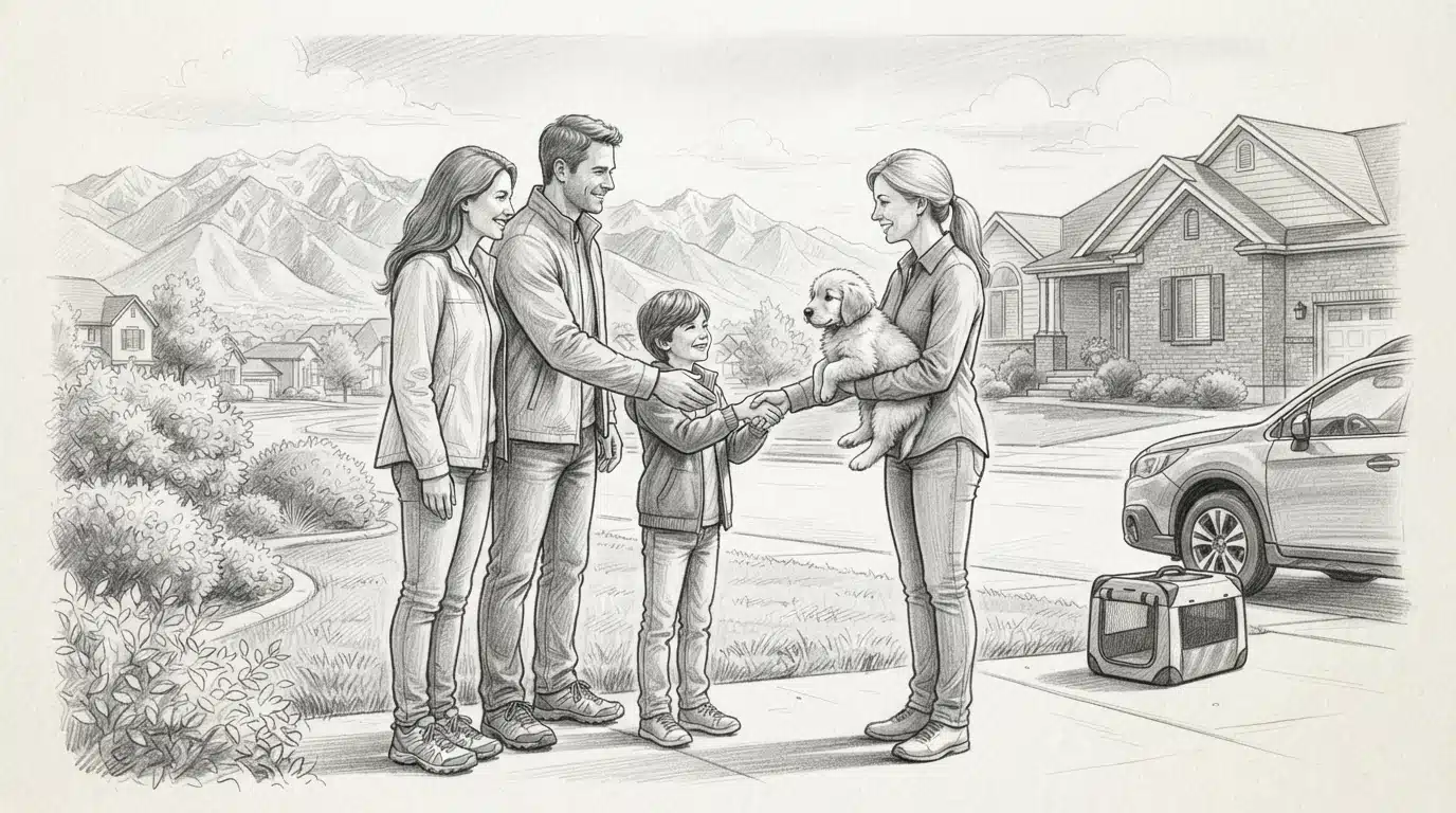 Family meeting breeder outside suburban Utah home