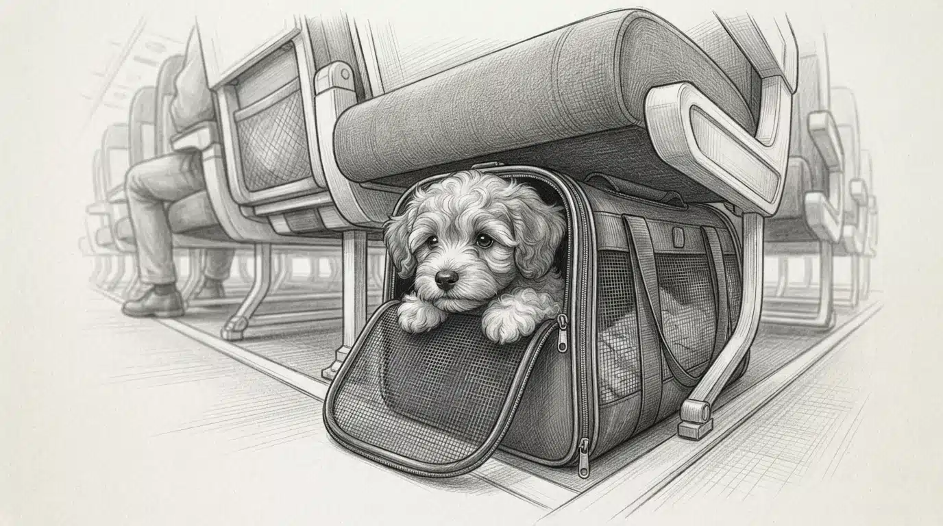 Havanese puppy in soft carrier under airplane seat