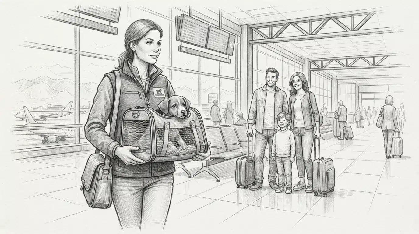 Flight nanny bringing a puppy to a family