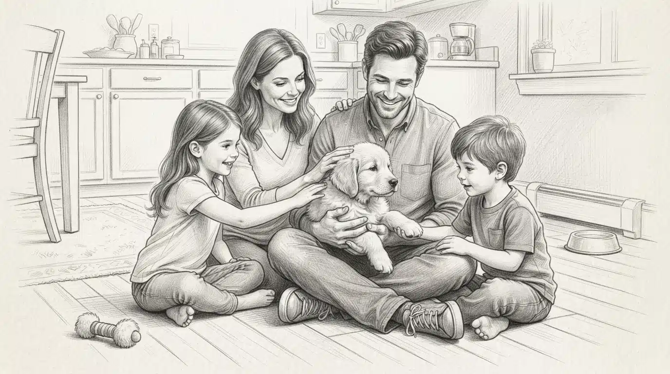 Family with two children holding a fluffy puppy in a kitchen