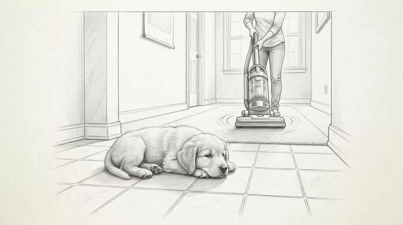 Fluffy puppy relaxes on tile near running vacuum