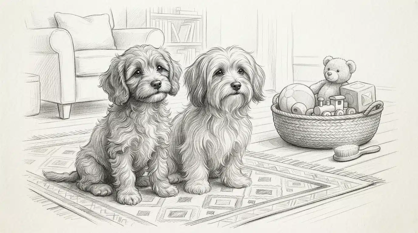 Havanese and Cavapoo puppies beside toy basket