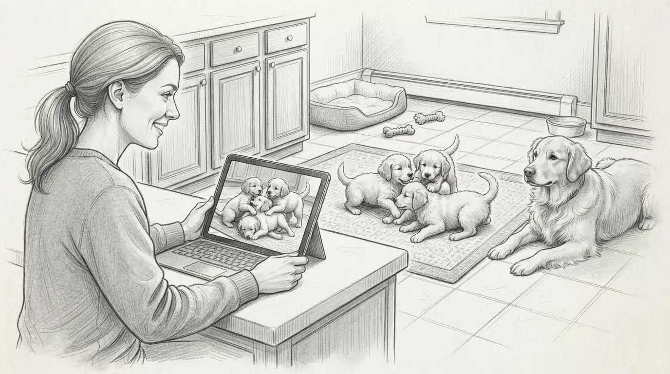 Breeder on video call showing playful puppies