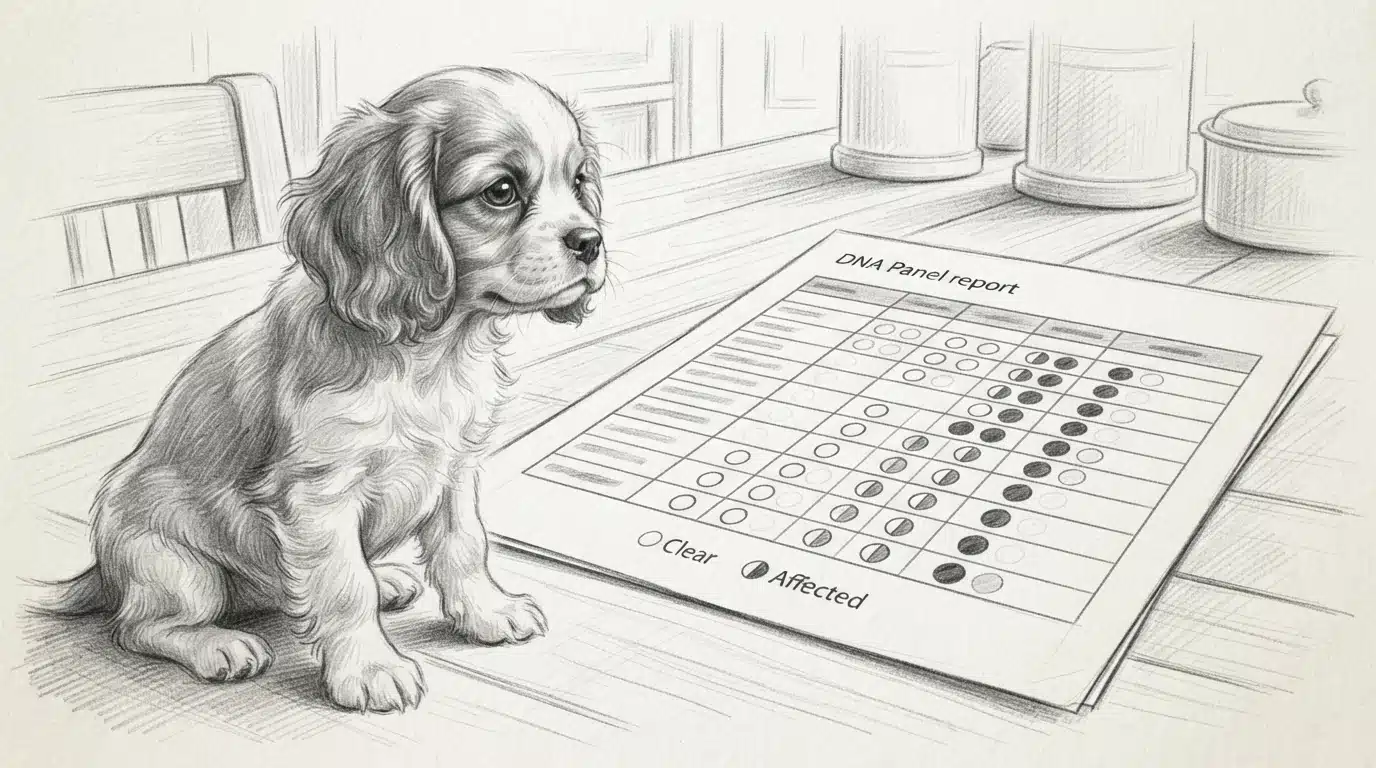 Printed DNA report beside a Cavalier puppy