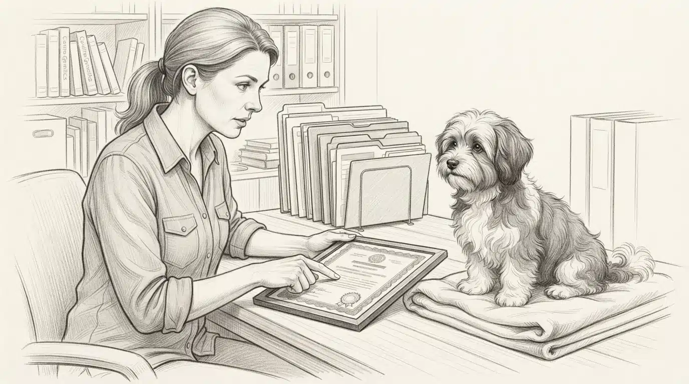 Breeder showing paperwork beside a Havanese