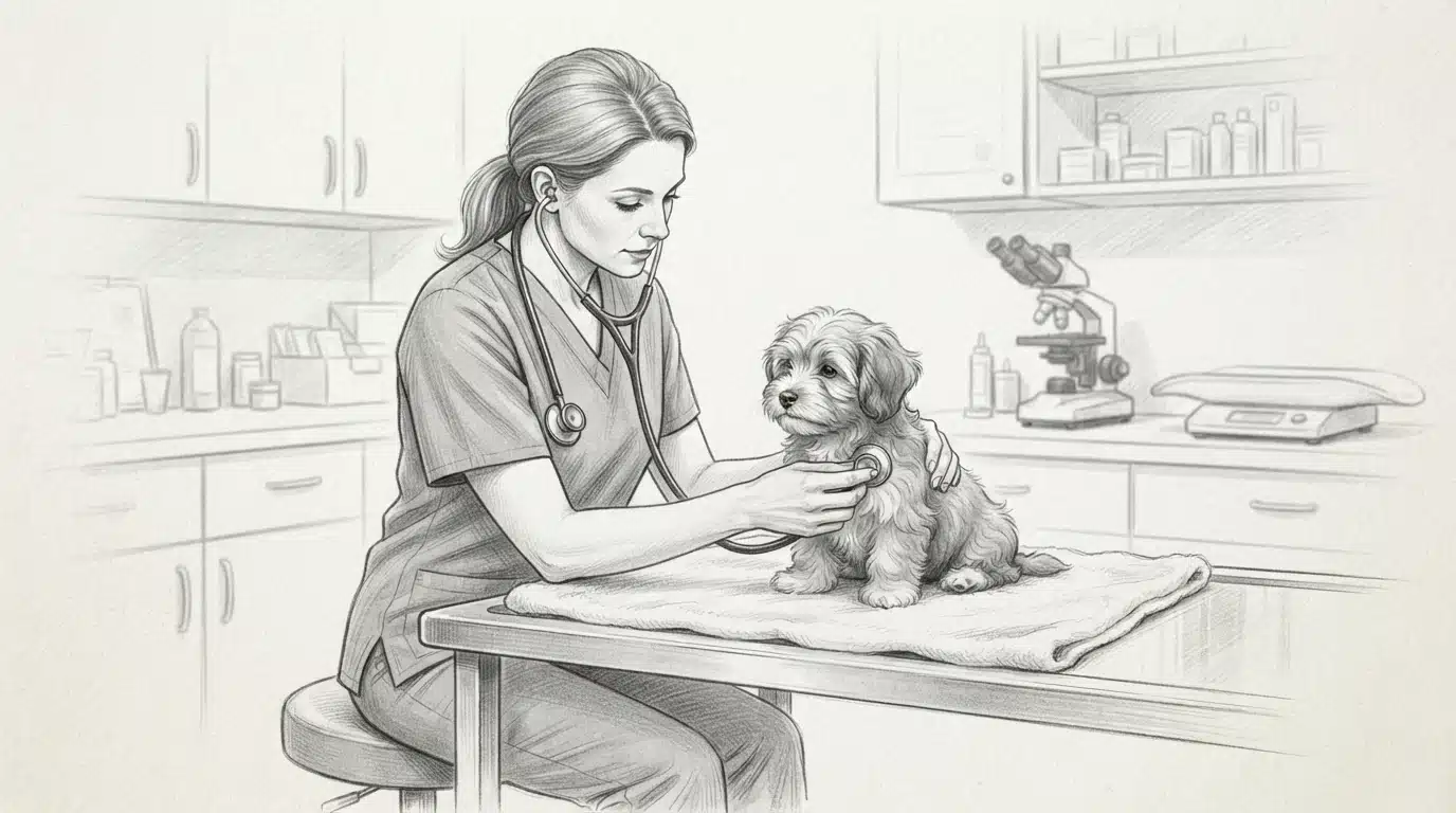 Vet listening to a puppy's heartbeat
