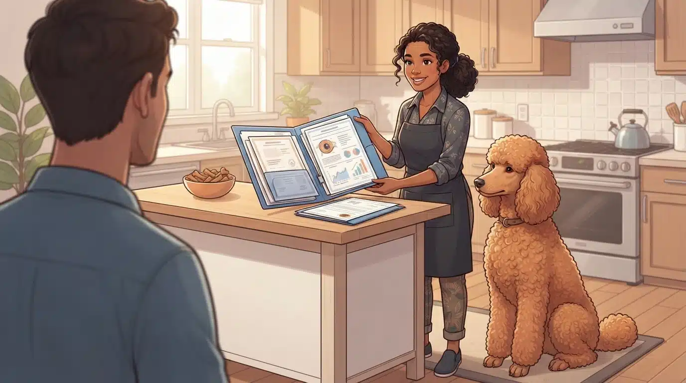 Breeder displaying health certificates next to calm poodle