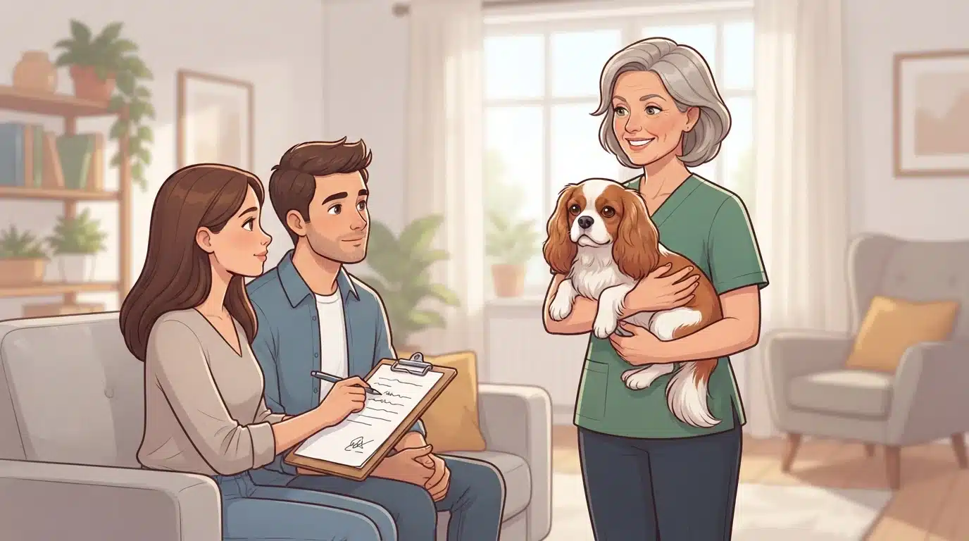 Breeder showing Cavalier to a family