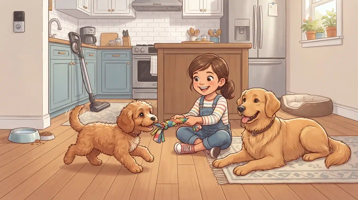 Cavapoo playing on floor with child and dog