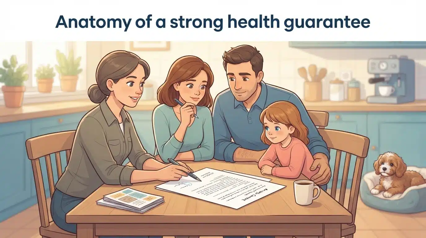 Family reviewing a printed puppy health contract at a kitchen table with a breeder