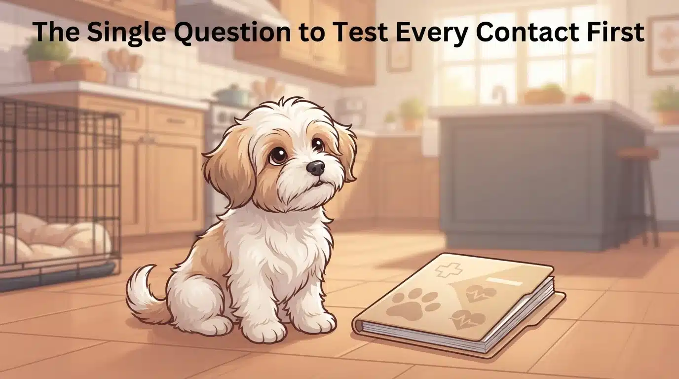 Havanese puppy beside a health record folder