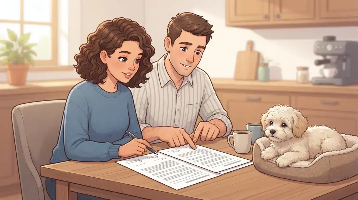 Couple reviewing puppy contract at kitchen table
