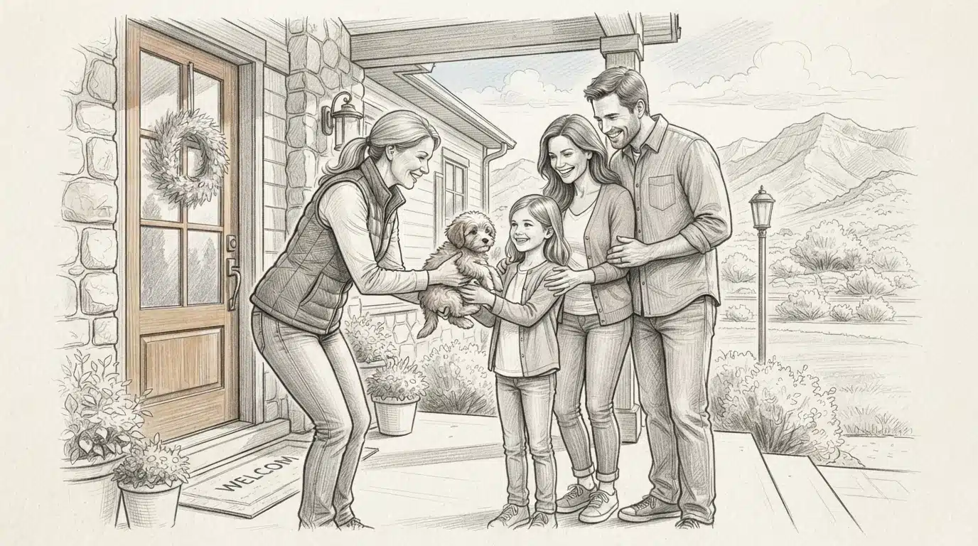 Breeder handing a Havapoo puppy to a smiling family at a Utah doorstep