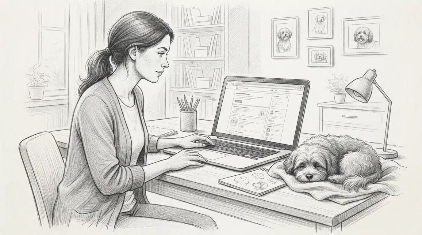 Woman reviewing breeder directory on laptop beside a Havanese